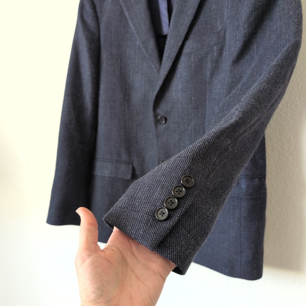 Lauren Ralph Lauren Mens 40R Wool Silk Linen Blazer Jacket Navy Blue Glen Check - Picture 2 of 8